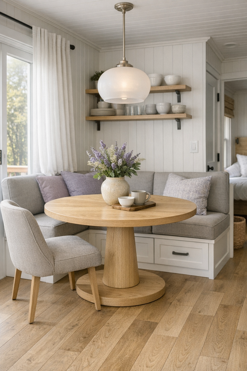 Round pale oak dining table and built-in banquette in a soft heather tiny home