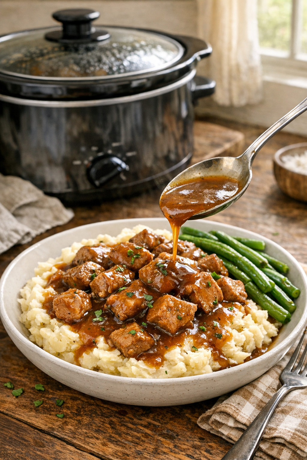 Finished slow cooker cubed pork in gravy