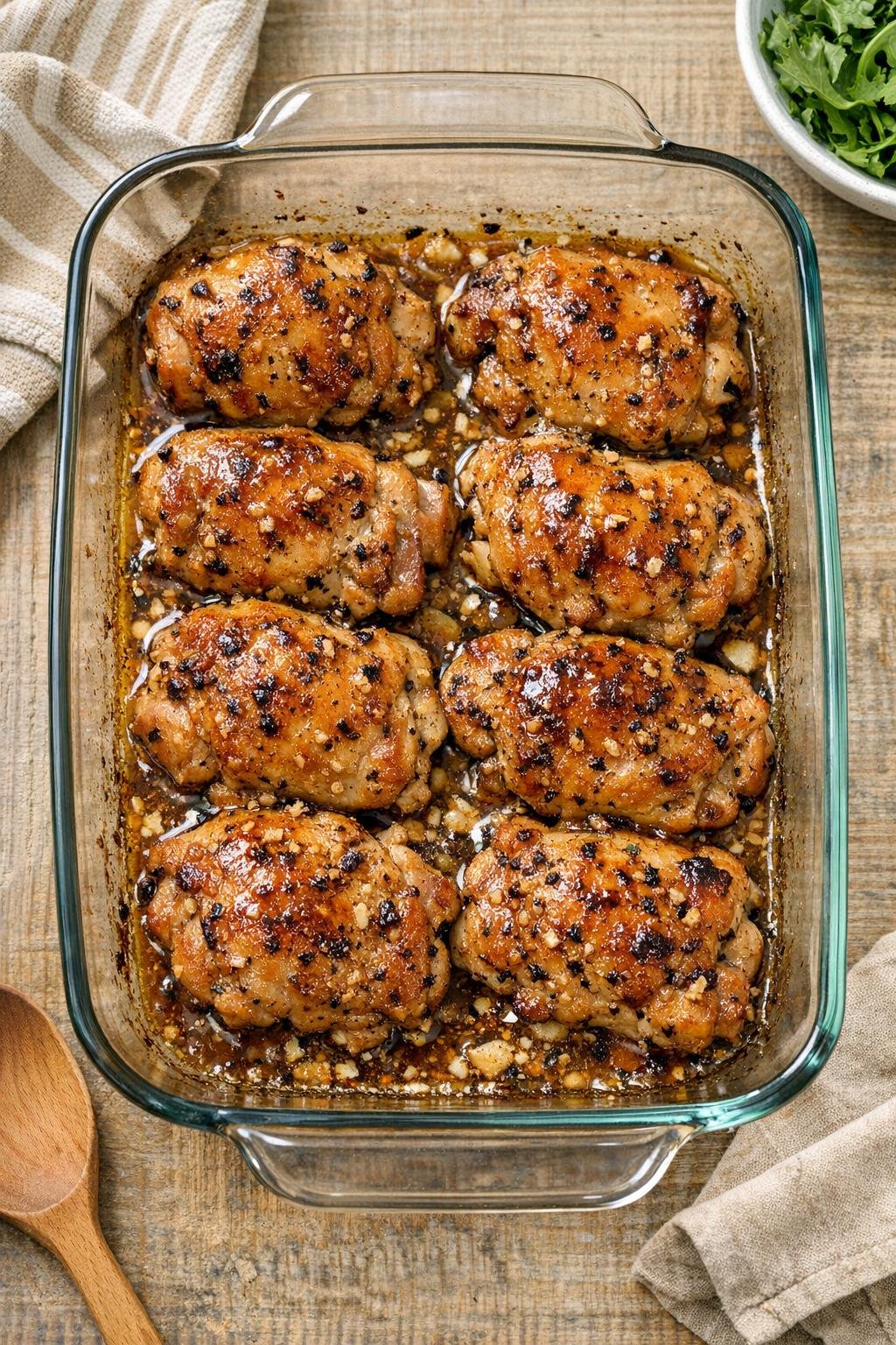 Finished baked chicken thighs in a glass casserole dish