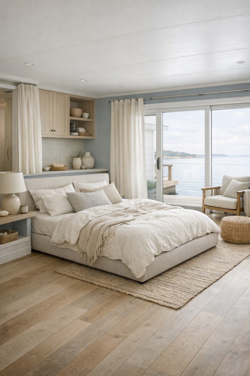 Serene coastal bedroom with upholstered bed, linen bedding, and soft blue-gray accents