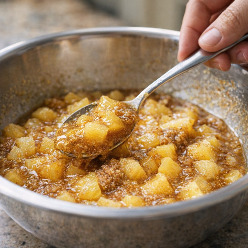 Pineapple mustard sauce being mixed in a bowl