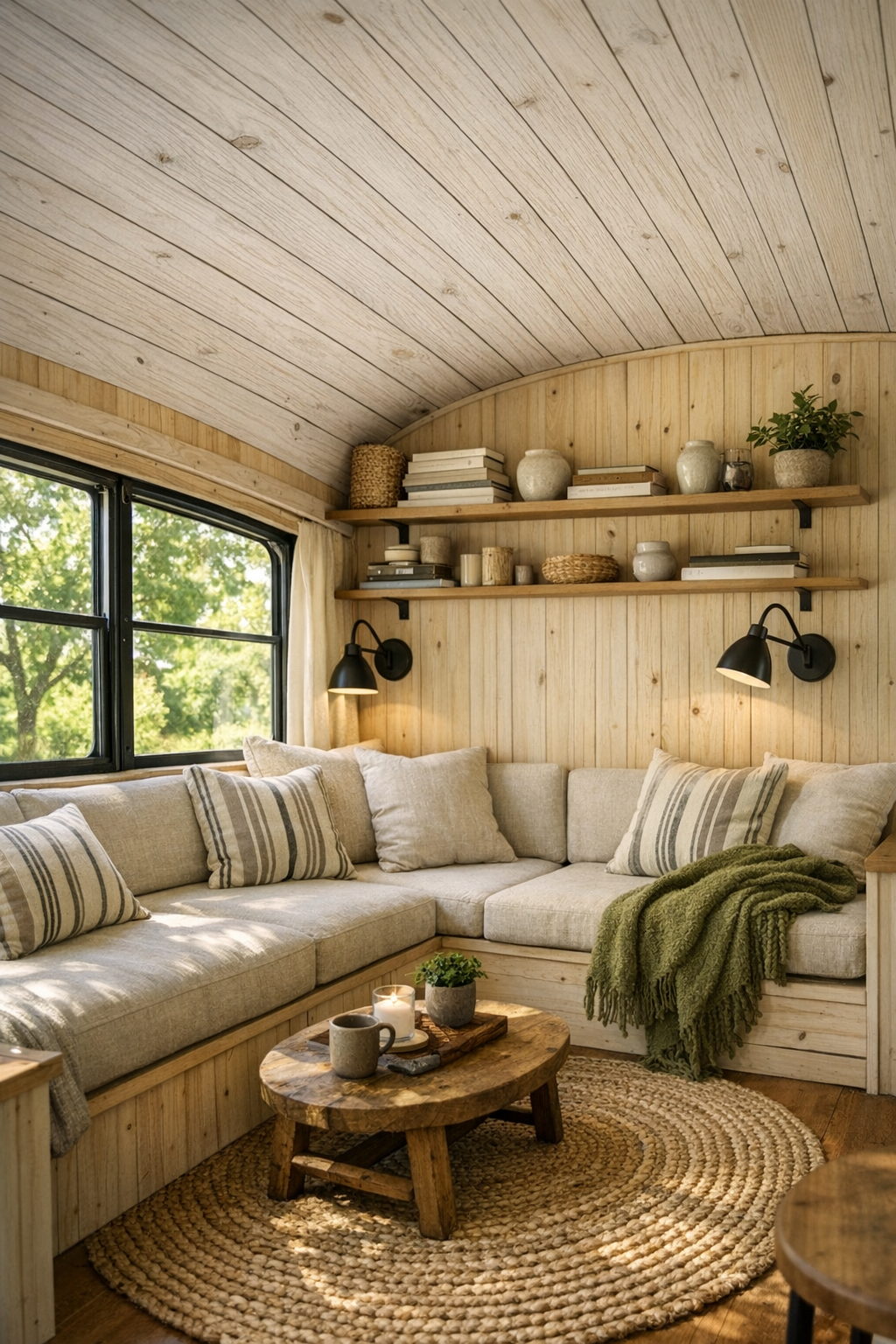 Cozy bus living room with built-in bench seating, pale pine walls, and soft linen cushions