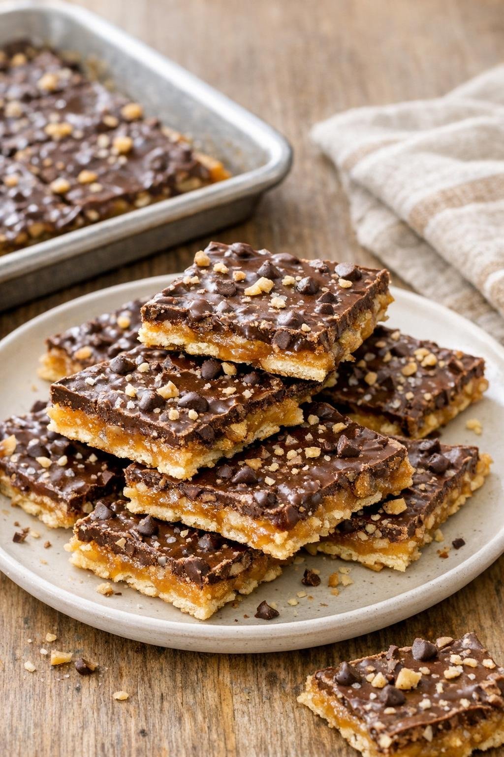 Finished saltine cracker toffee bars on a plate