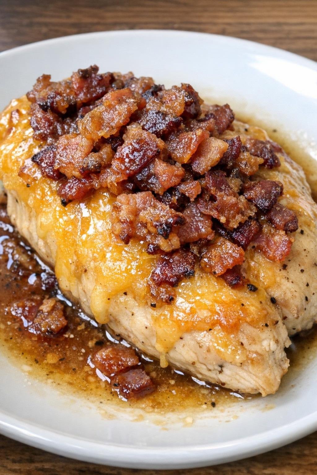 Slow cooker Amish bacon chicken plated on a white ceramic plate