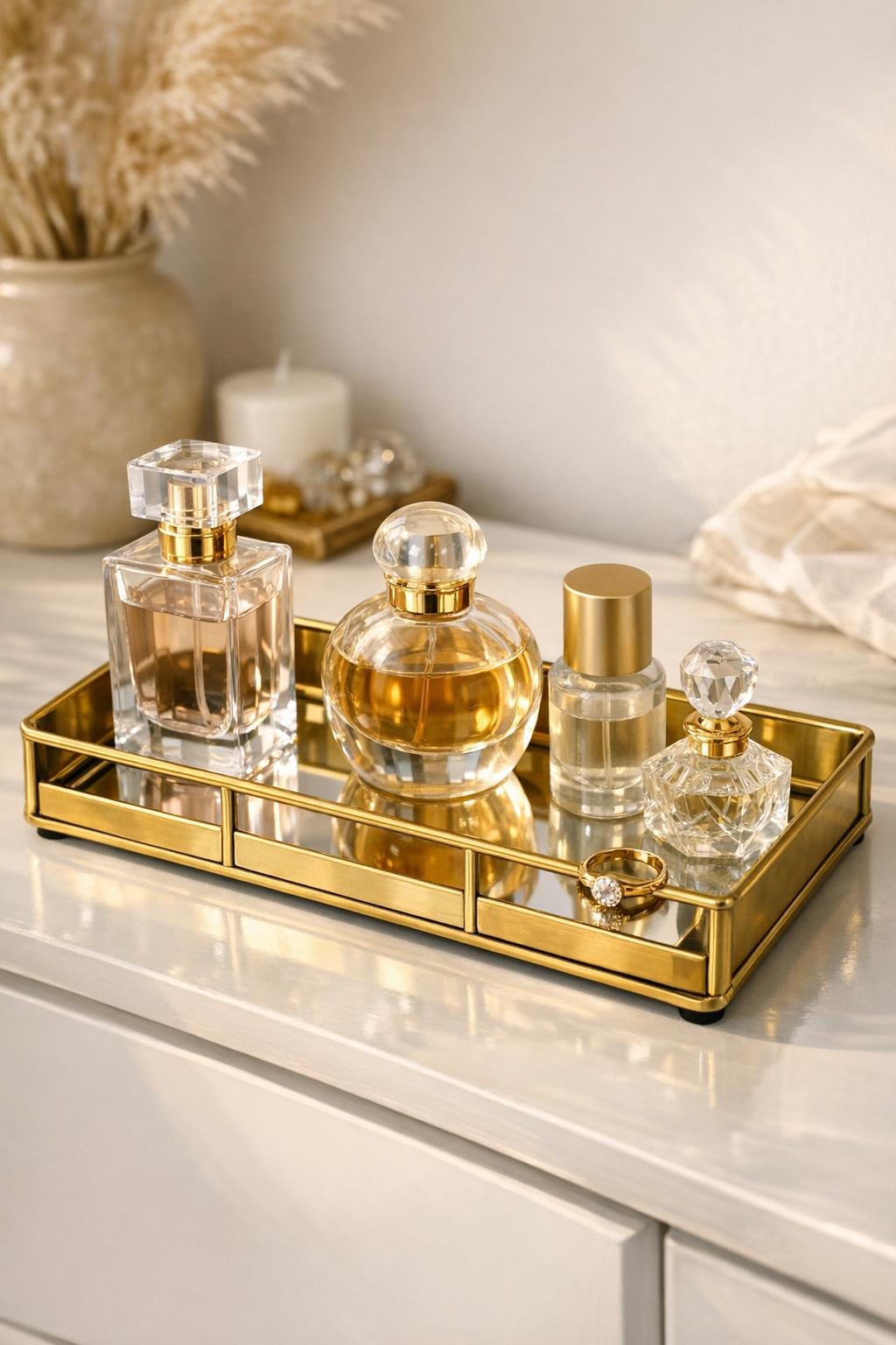 Finished brass organizer perfume tray with mirrored base