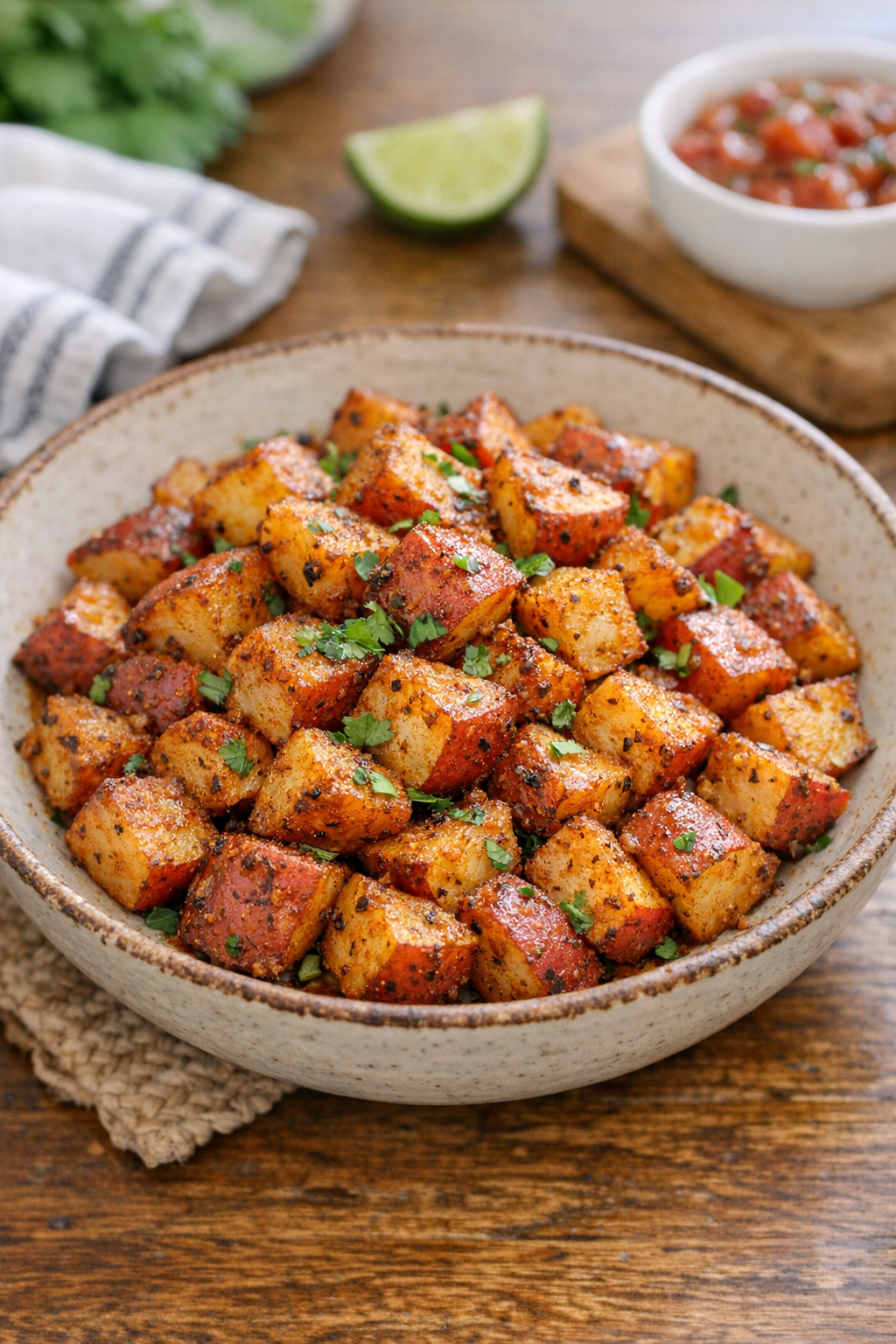 Finished fajita potatoes served in a rustic bowl