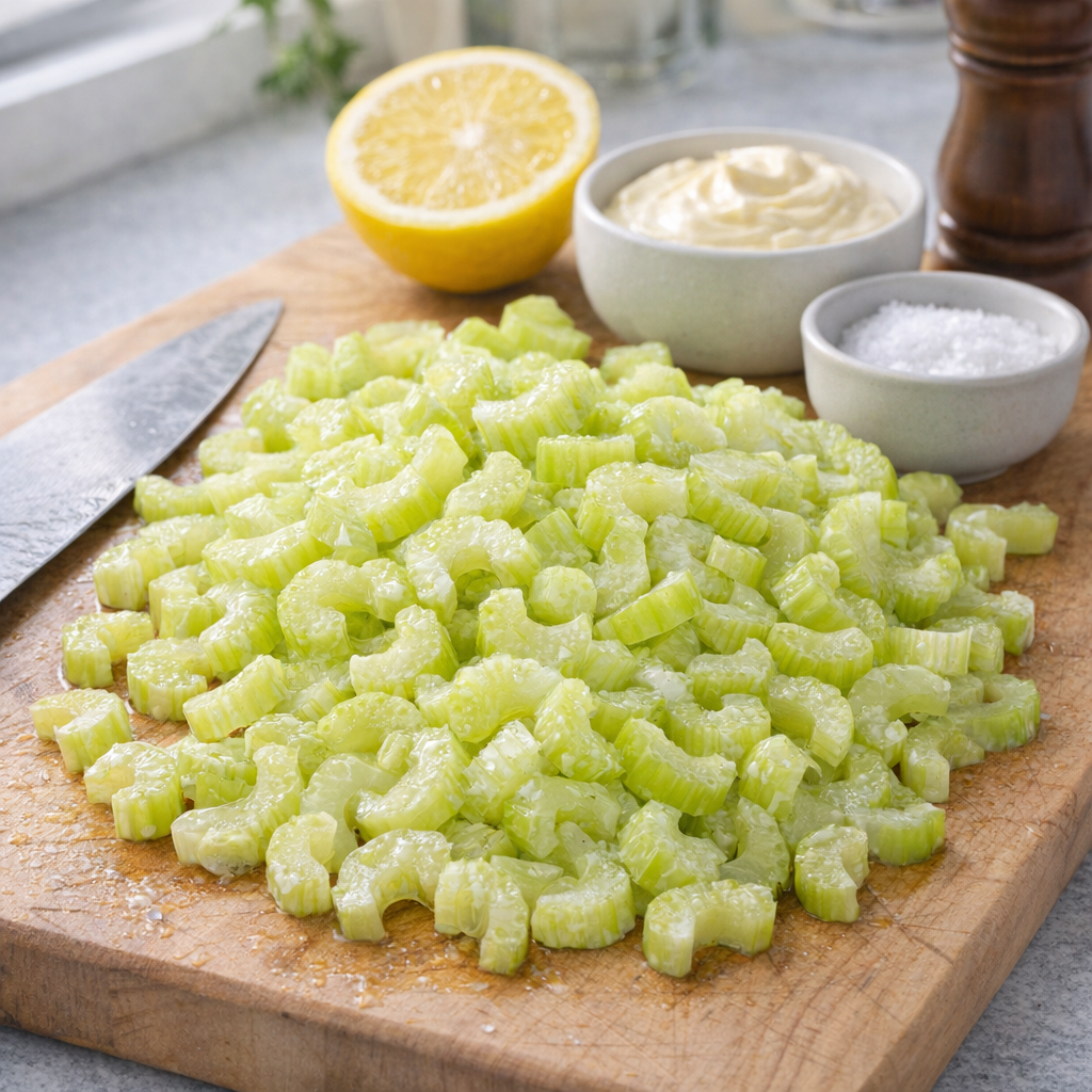 Sliced celery and dressing ingredients arranged for prep