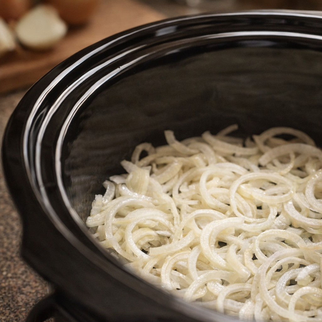 Sliced onions layered in the bottom of a slow cooker