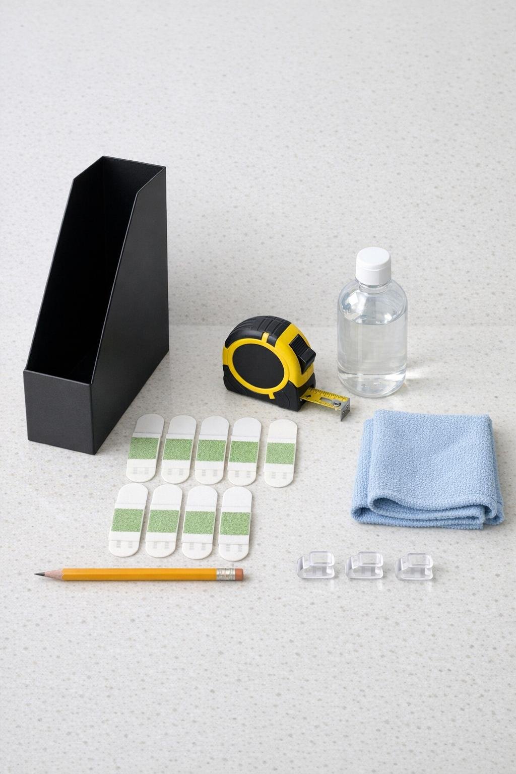 Materials for a cabinet-door hair tool holder laid out neatly