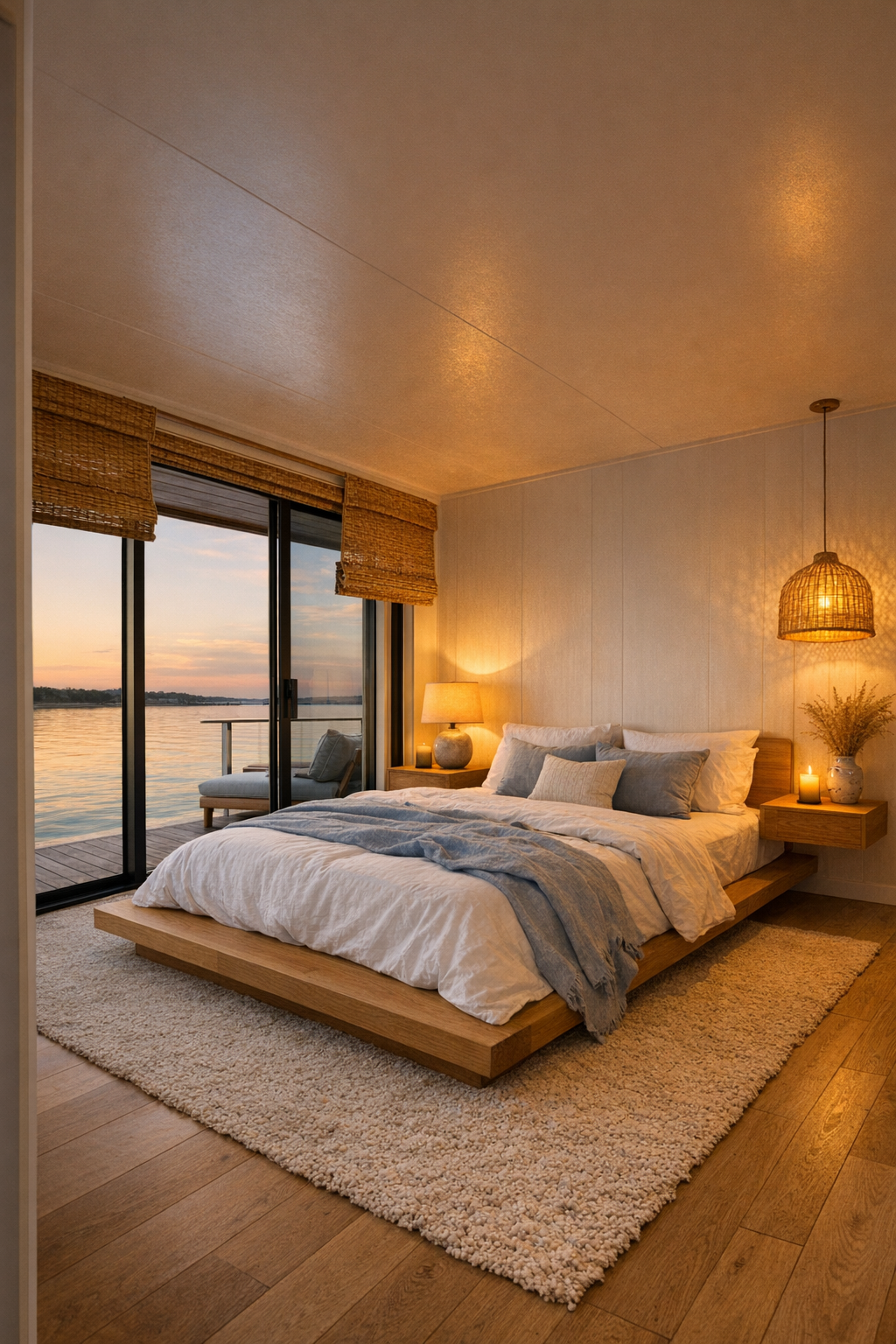 Serene coastal bedroom with white oak bed and soft blue accents