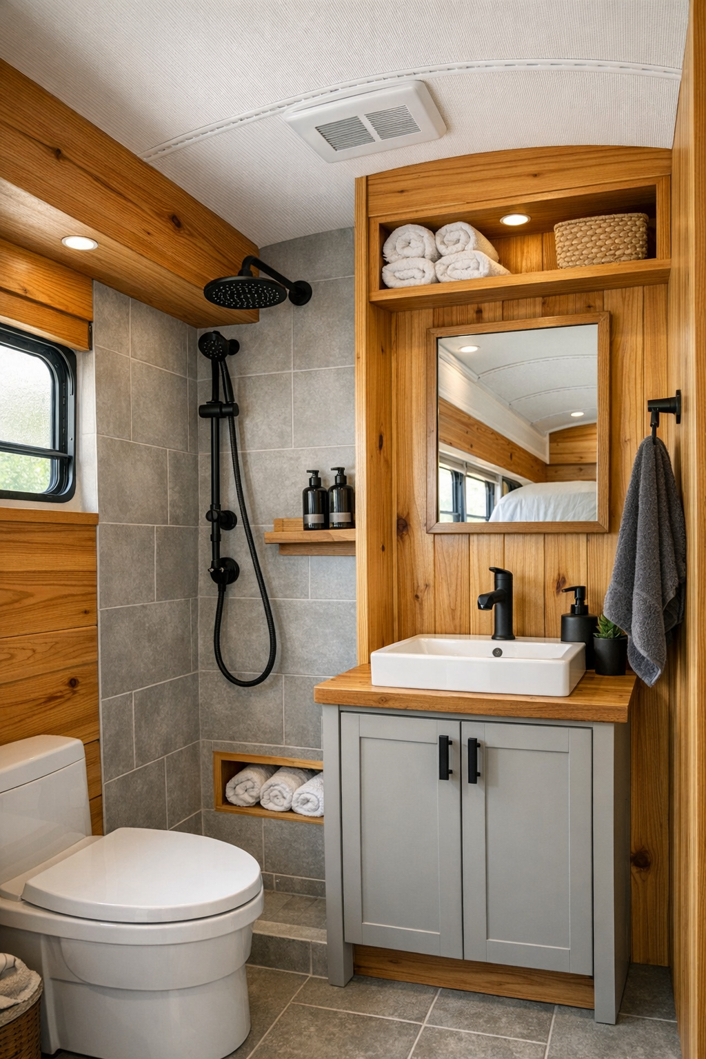 Small bathroom with wood warmth, soft gray tile, and simple modern fixtures