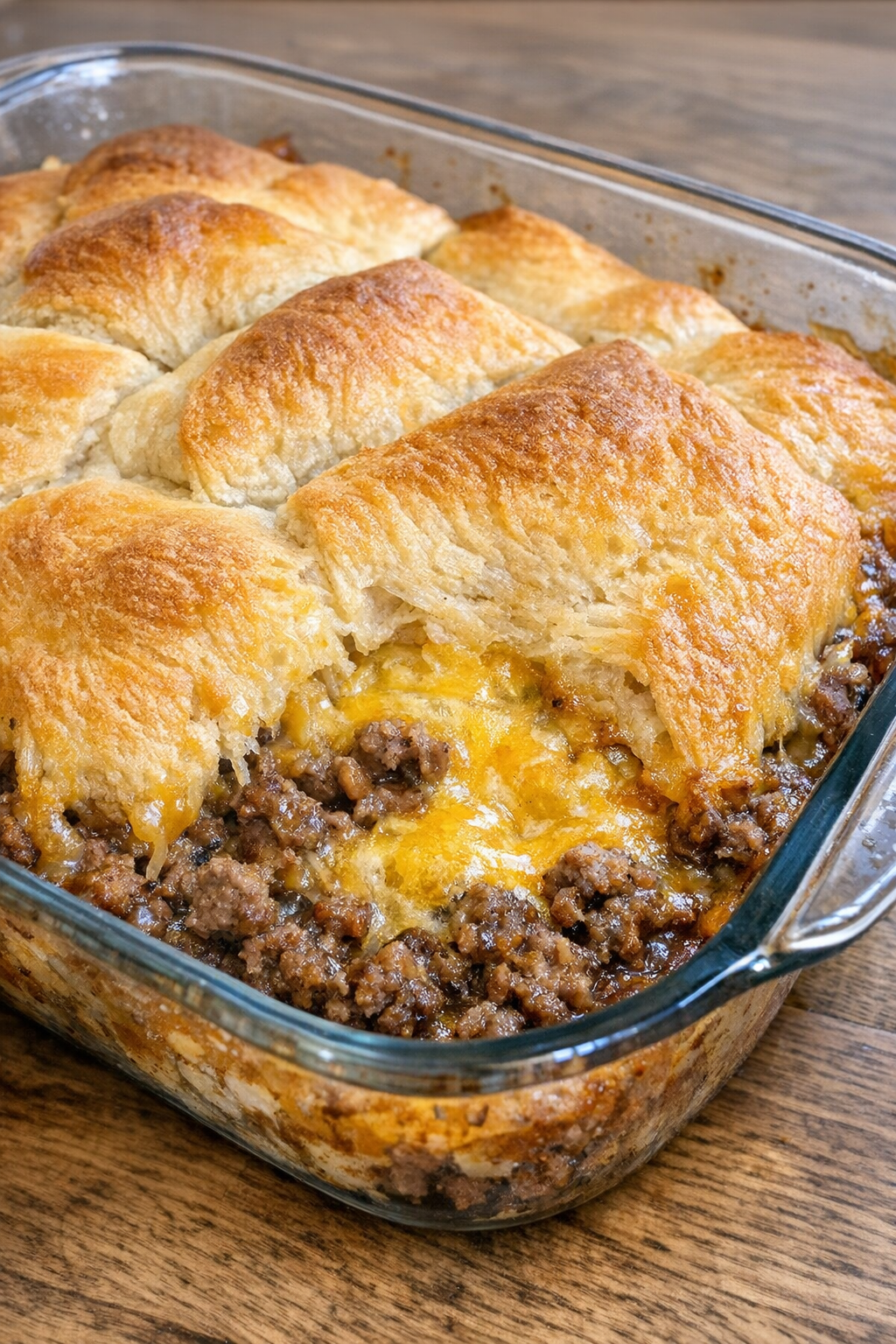 Oven baked 4-ingredient beef crescent casserole in a glass dish
