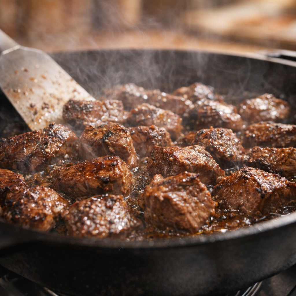Beef sirloin tips searing in a skillet