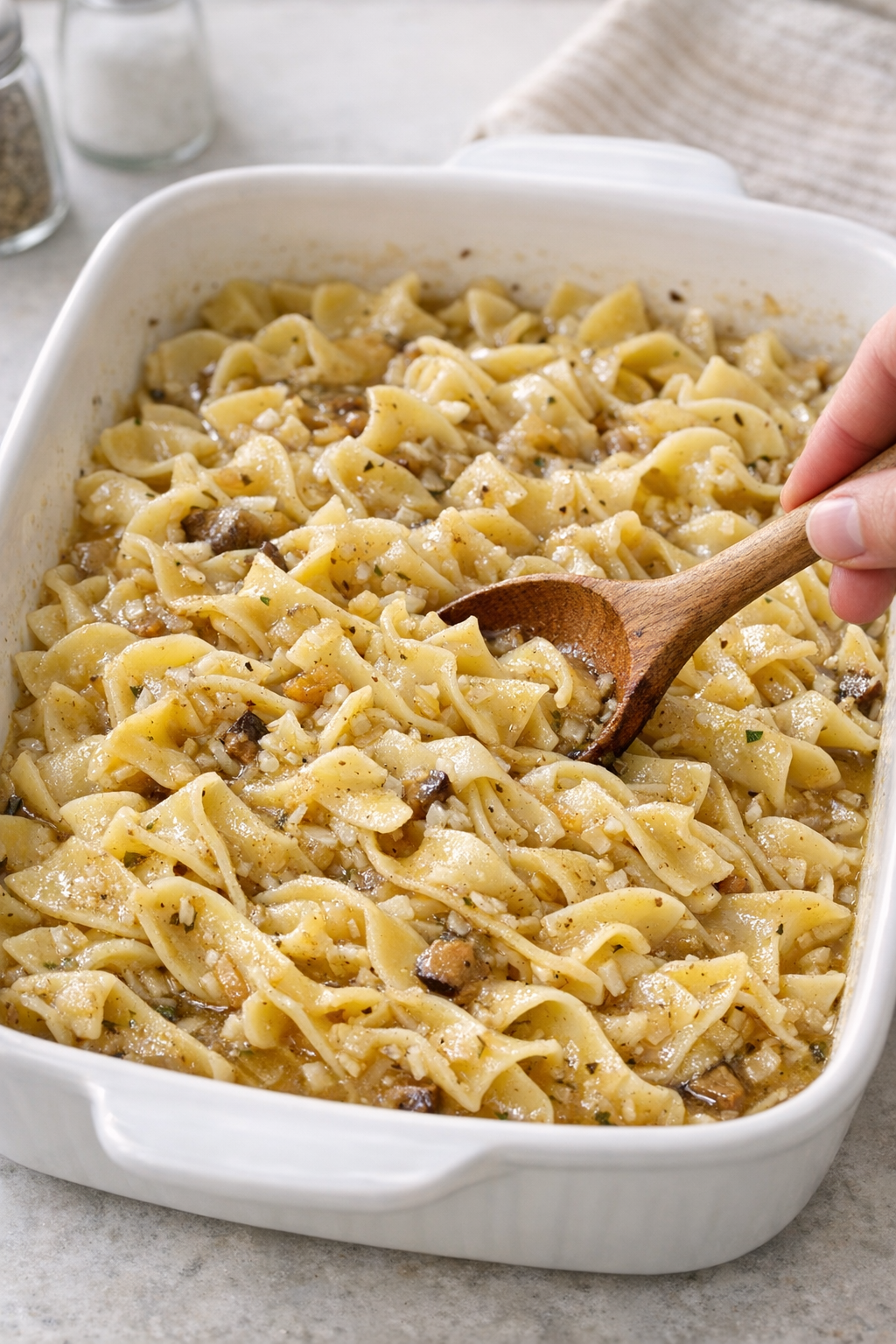Partially baked noodles being stirred in the casserole dish