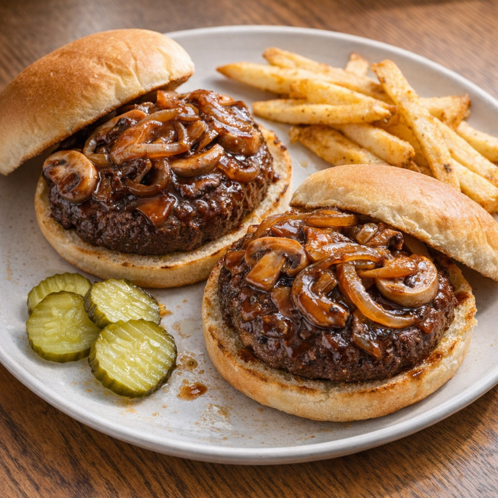 Slow cooker steakhouse burgers on toasted buns