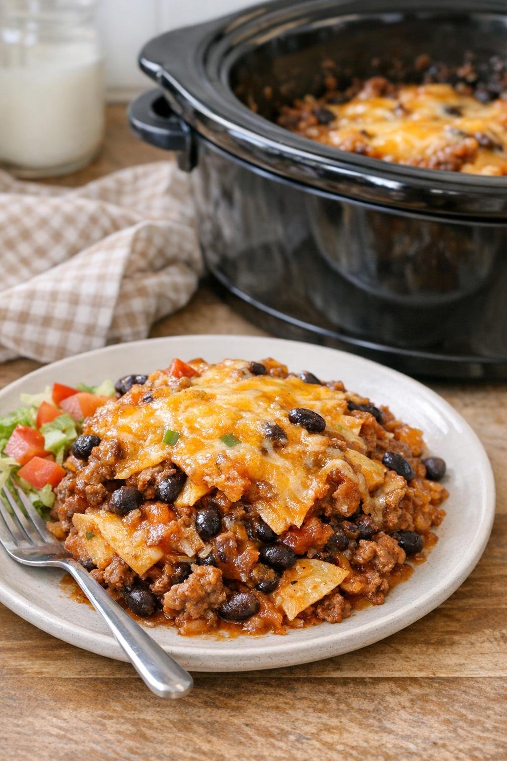 Finished beef enchilada casserole plated from the slow cooker