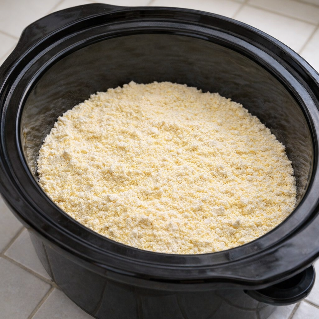 Dry cake mix spread in the bottom of a slow cooker insert