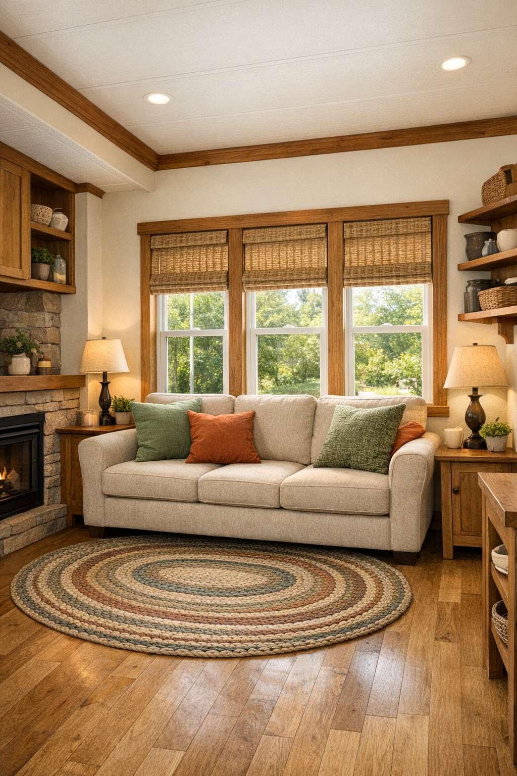 Cozy craftsman-style living room in the park model RV with oatmeal sofa, warm wood trim, and soft natural light
