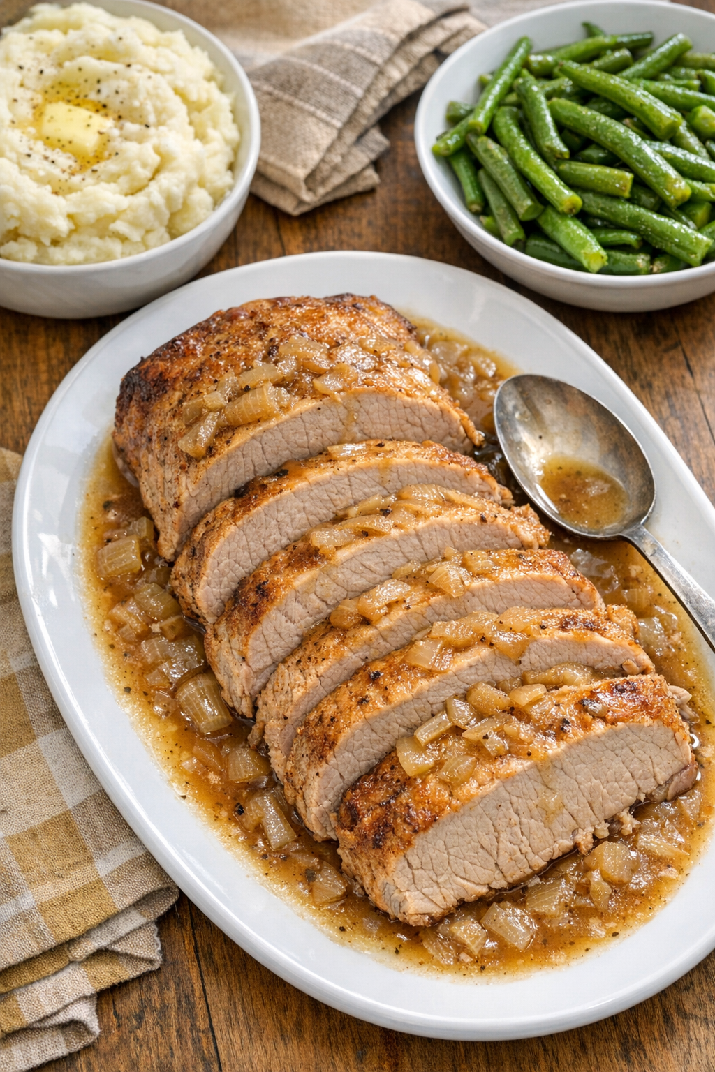 Finished slow cooker pork loin roast on a platter