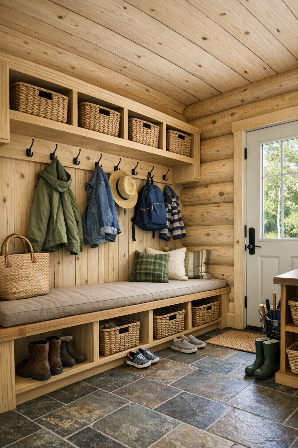 Practical mudroom with built-in bench, cubbies, and handcrafted wood storage