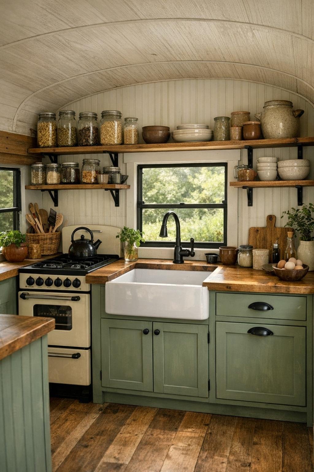 Rustic off-grid bus kitchen with sage cabinets, butcher block counters, and apron-front sink