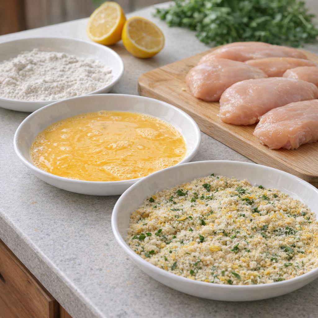 Chicken breading station set up on a kitchen counter