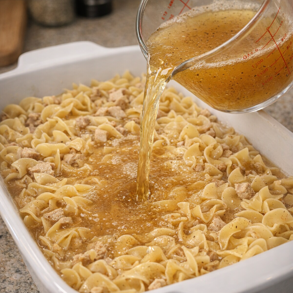Chicken broth being poured over egg noodles in a baking dish