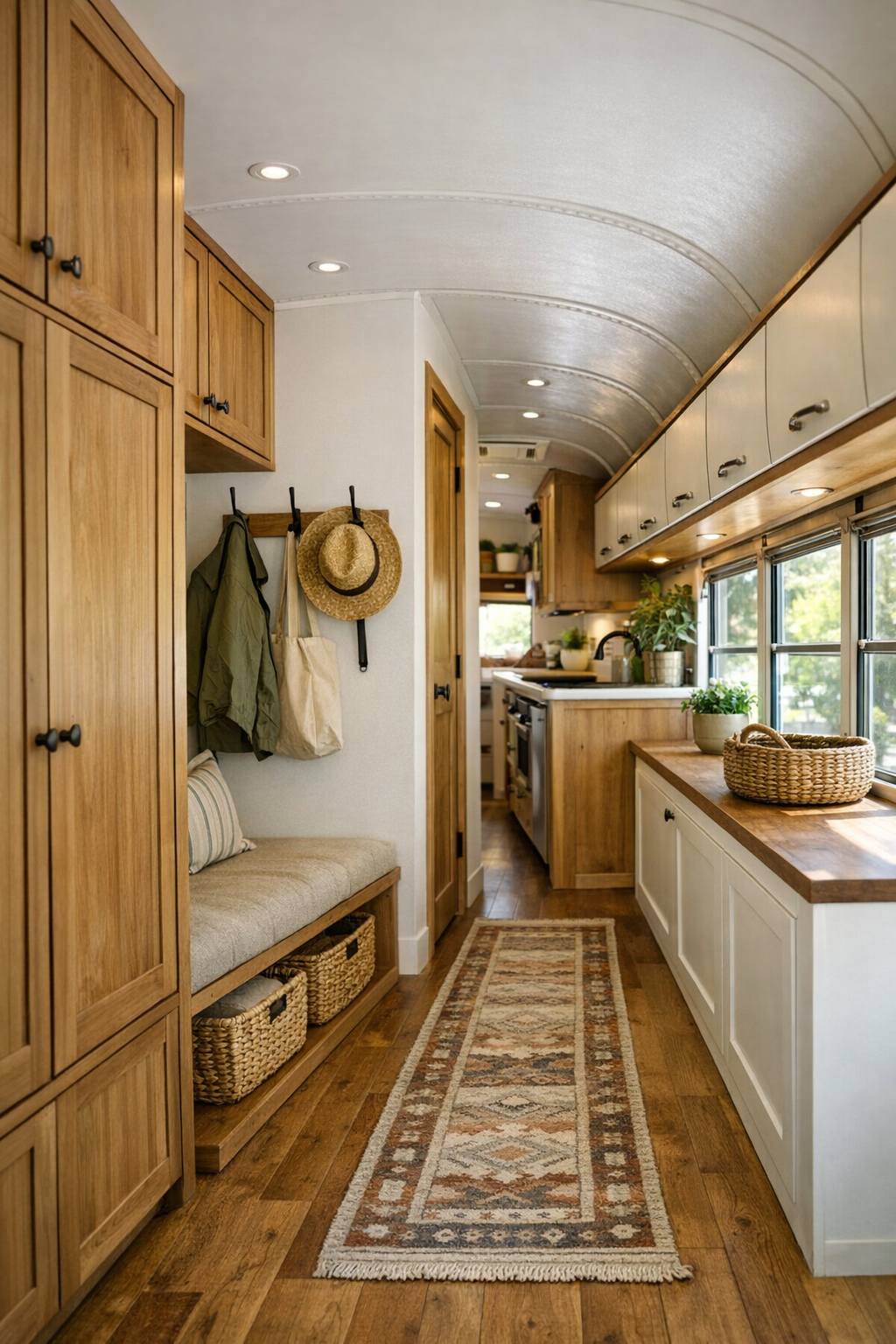 Functional hallway and entry area in a converted bus with built-in storage and warm finishes