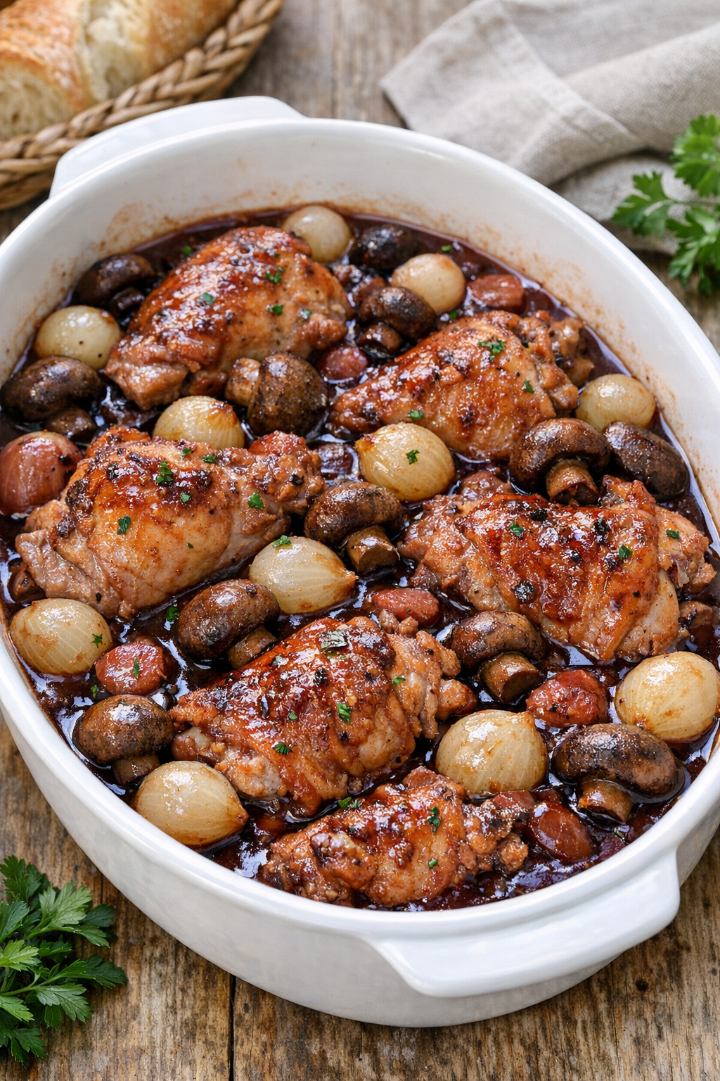 Chicken bourguignon with extra mushrooms and pearl onions