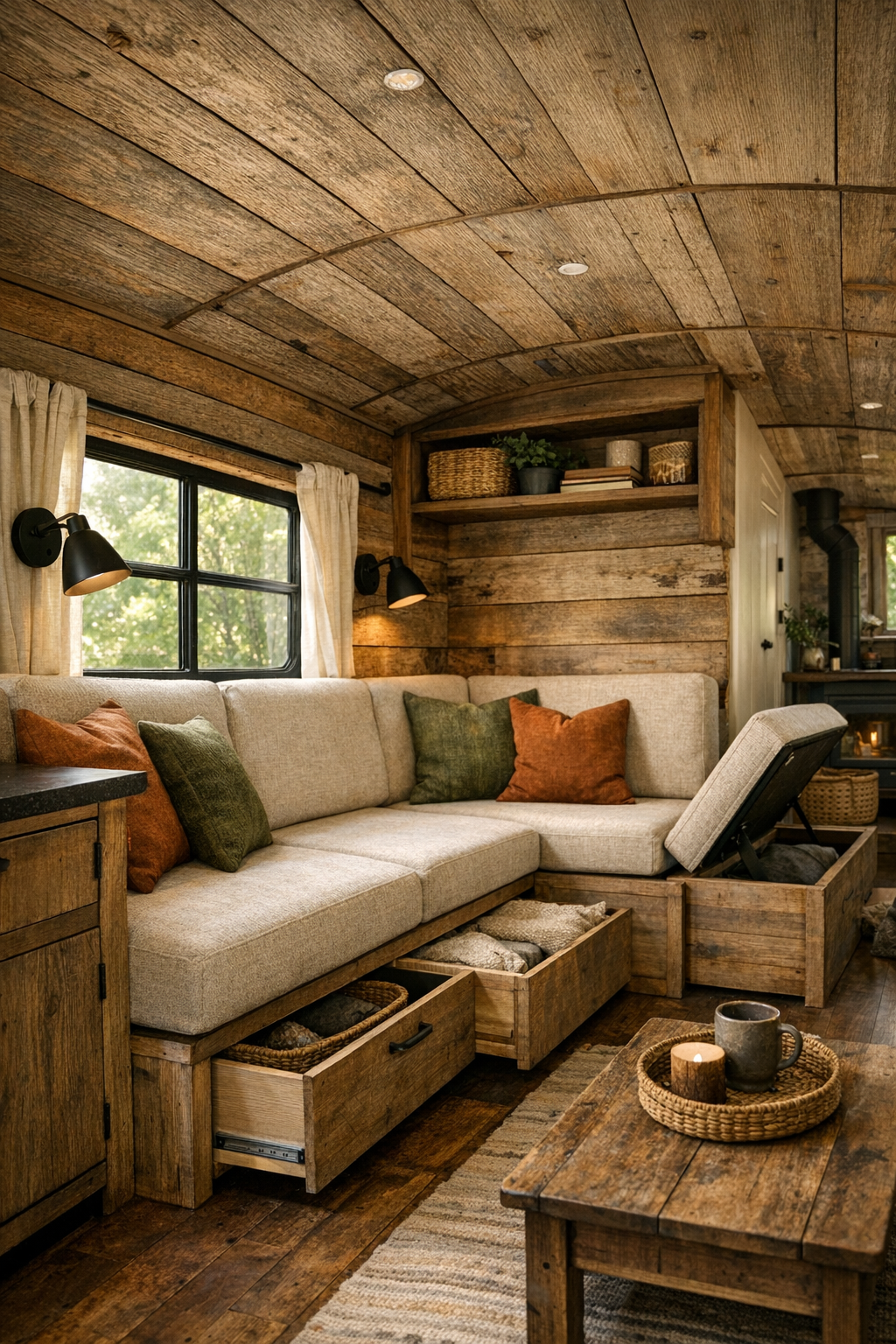 Rustic converted bus living room with built-in sofa and reclaimed wood walls