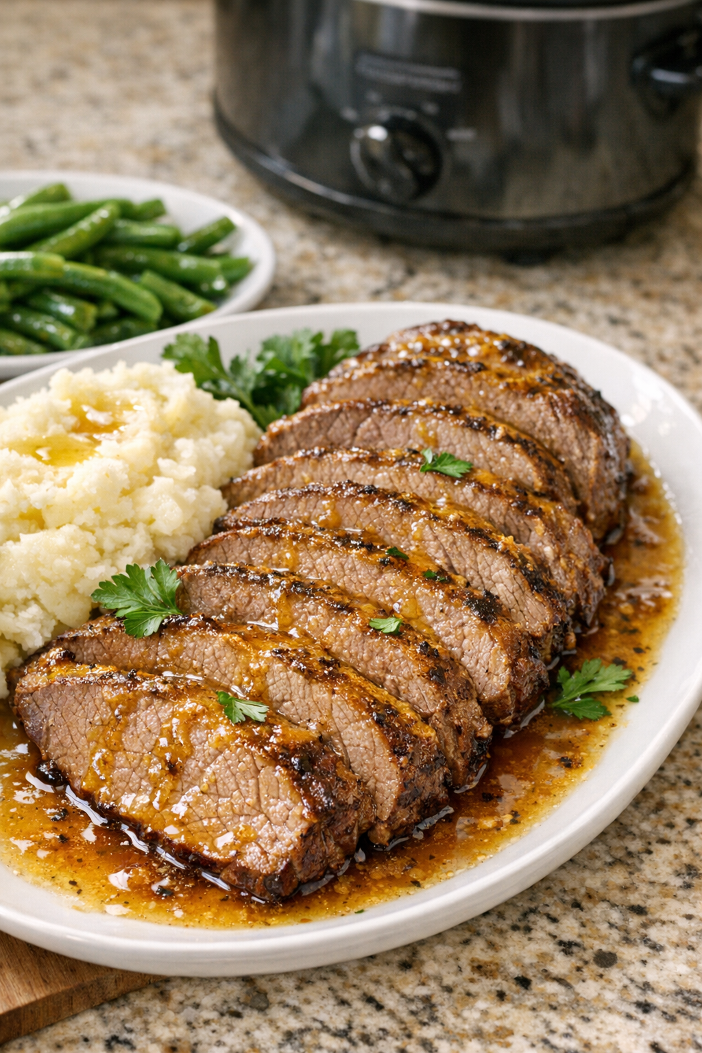 Finished sliced Amish mustard beef on a platter with cooking juices