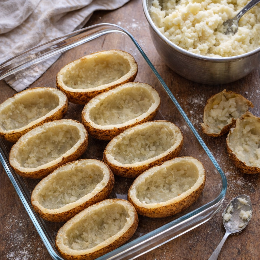 Scooped potato shells and mashed filling in progress