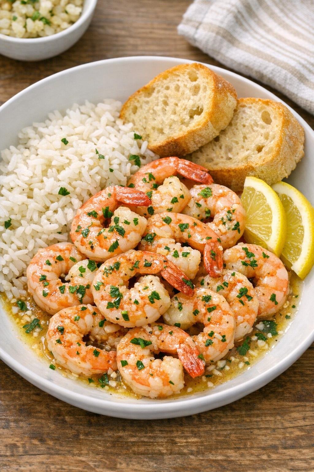 Finished slow cooker shrimp plated with sauce
