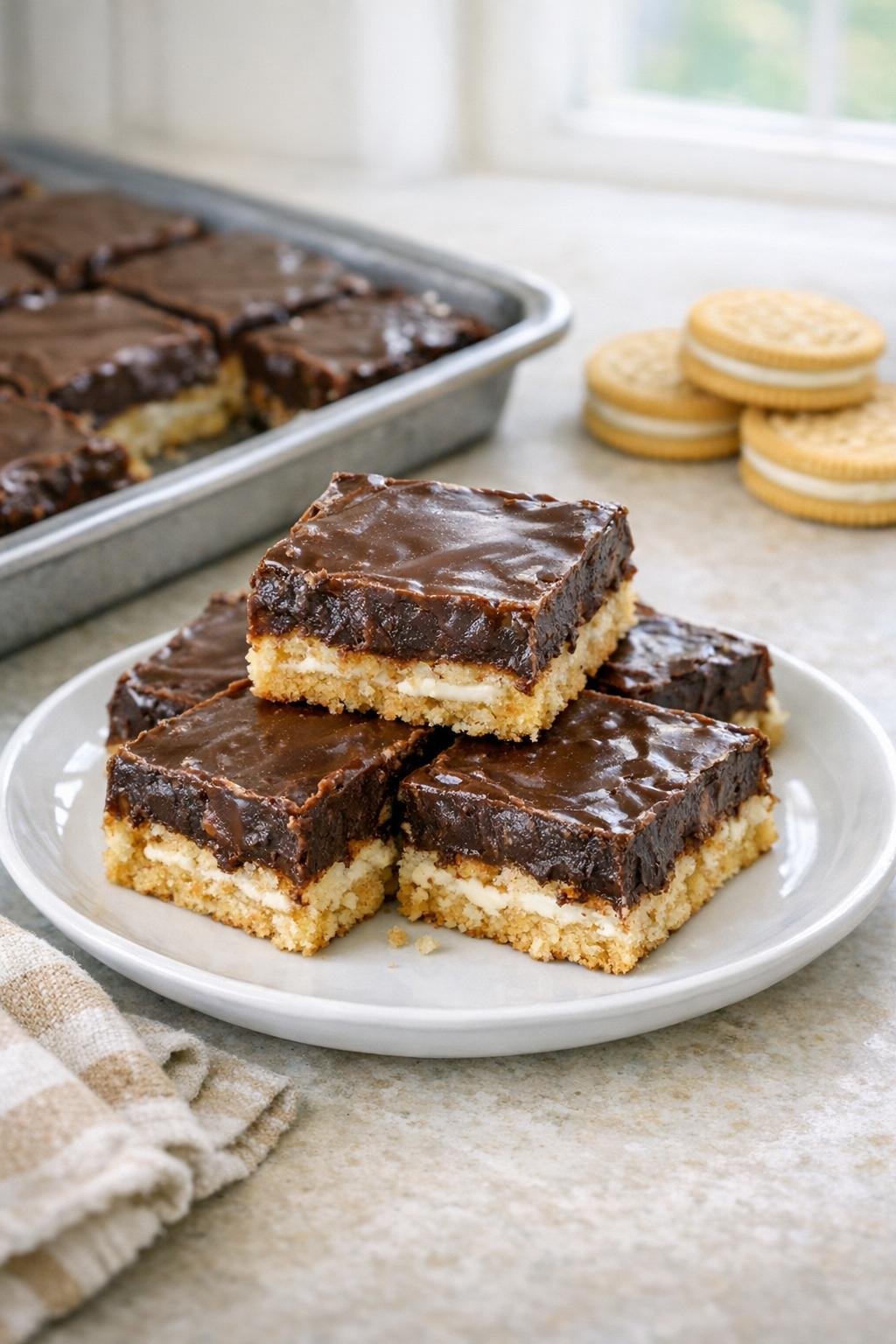 Finished vanilla cookie fudge bars on a plate