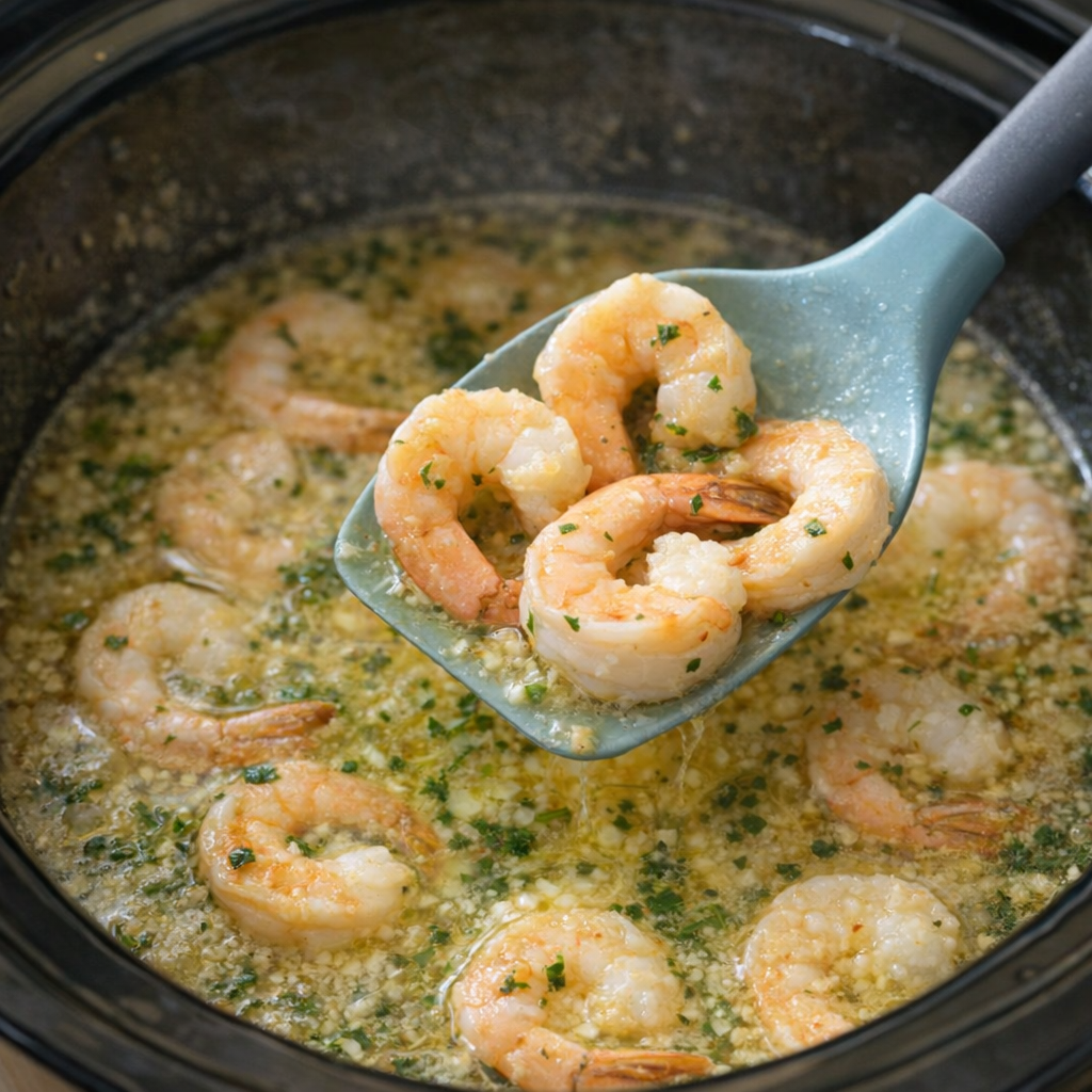 Shrimp cooking in garlic butter inside the slow cooker