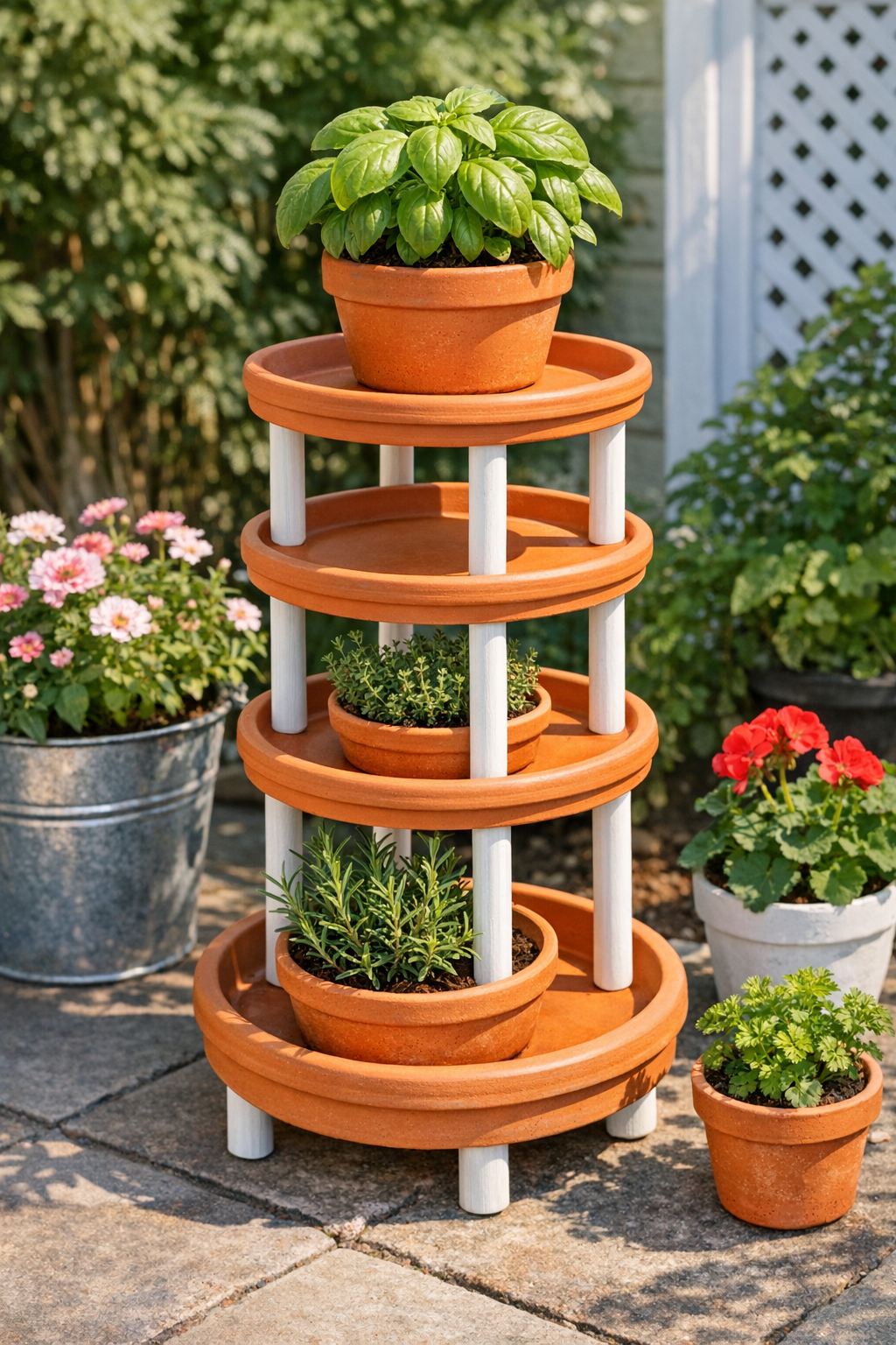 Finished stacked terra cotta saucer outdoor plant stand on a patio