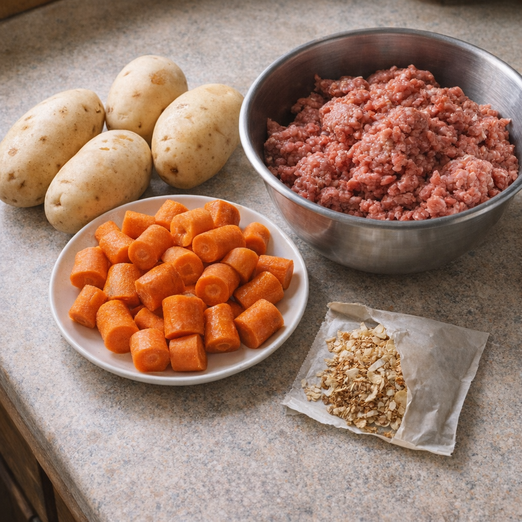 Simple hobo dinner ingredients laid out on a counter