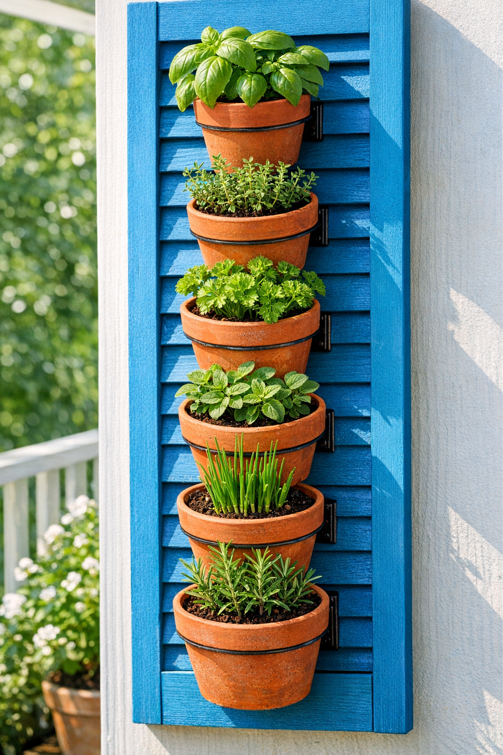 Finished outdoor spice planter made from painted wooden shutter slats with miniature terracotta pots