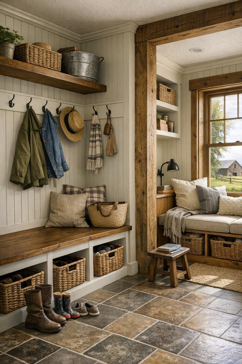 Practical farmhouse mudroom and adjacent nook with built-ins, durable finishes, and soft daylight