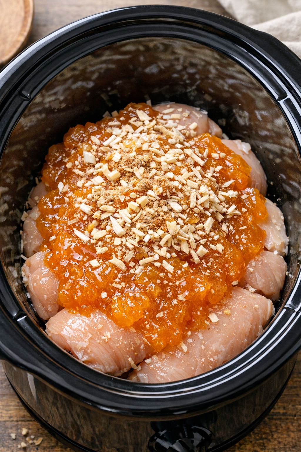 Apricot preserves and onion soup mix added over chicken
