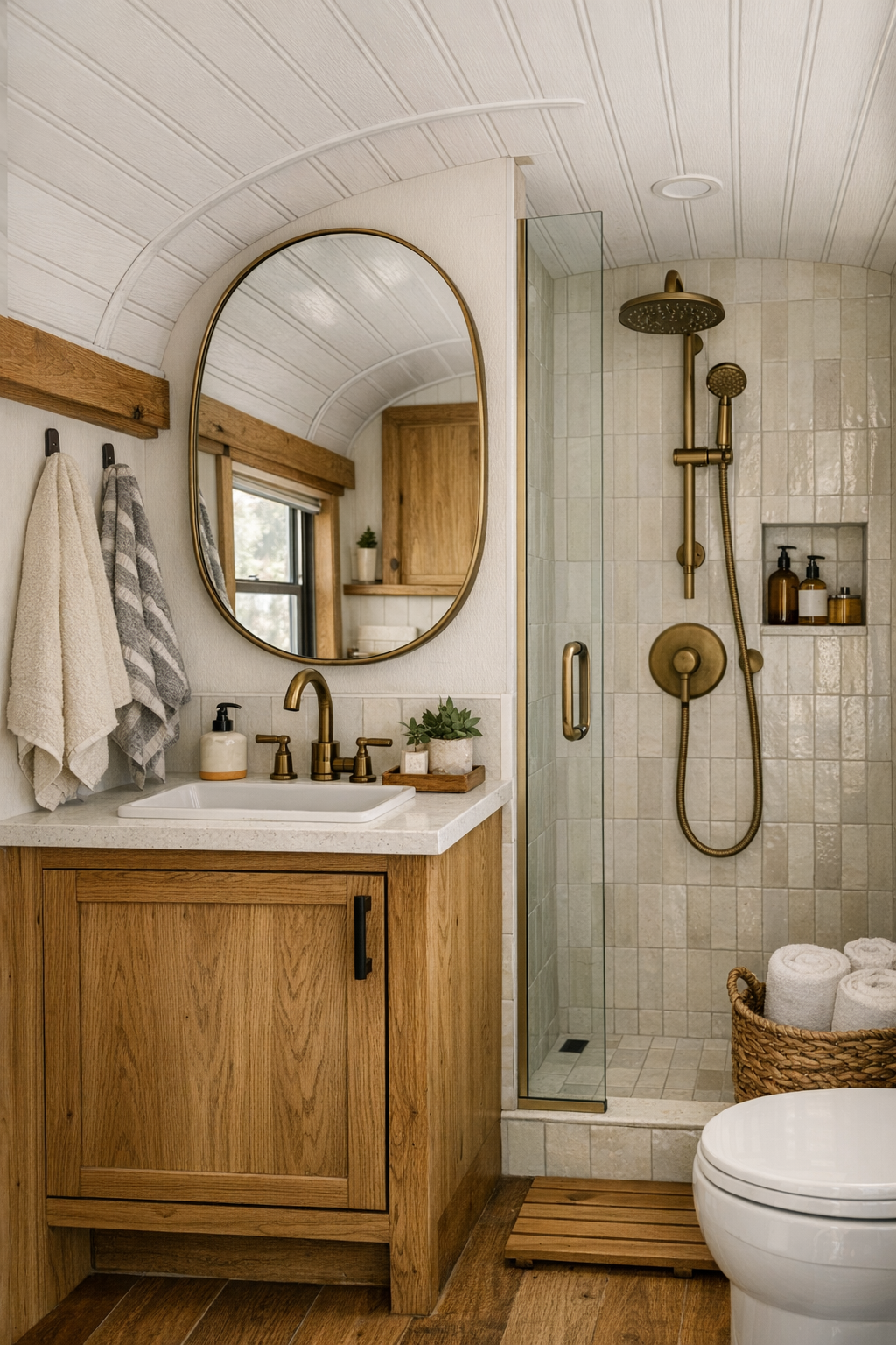 Compact but elevated bathroom in the converted bus with oak vanity, tiled shower, and warm modern finishes