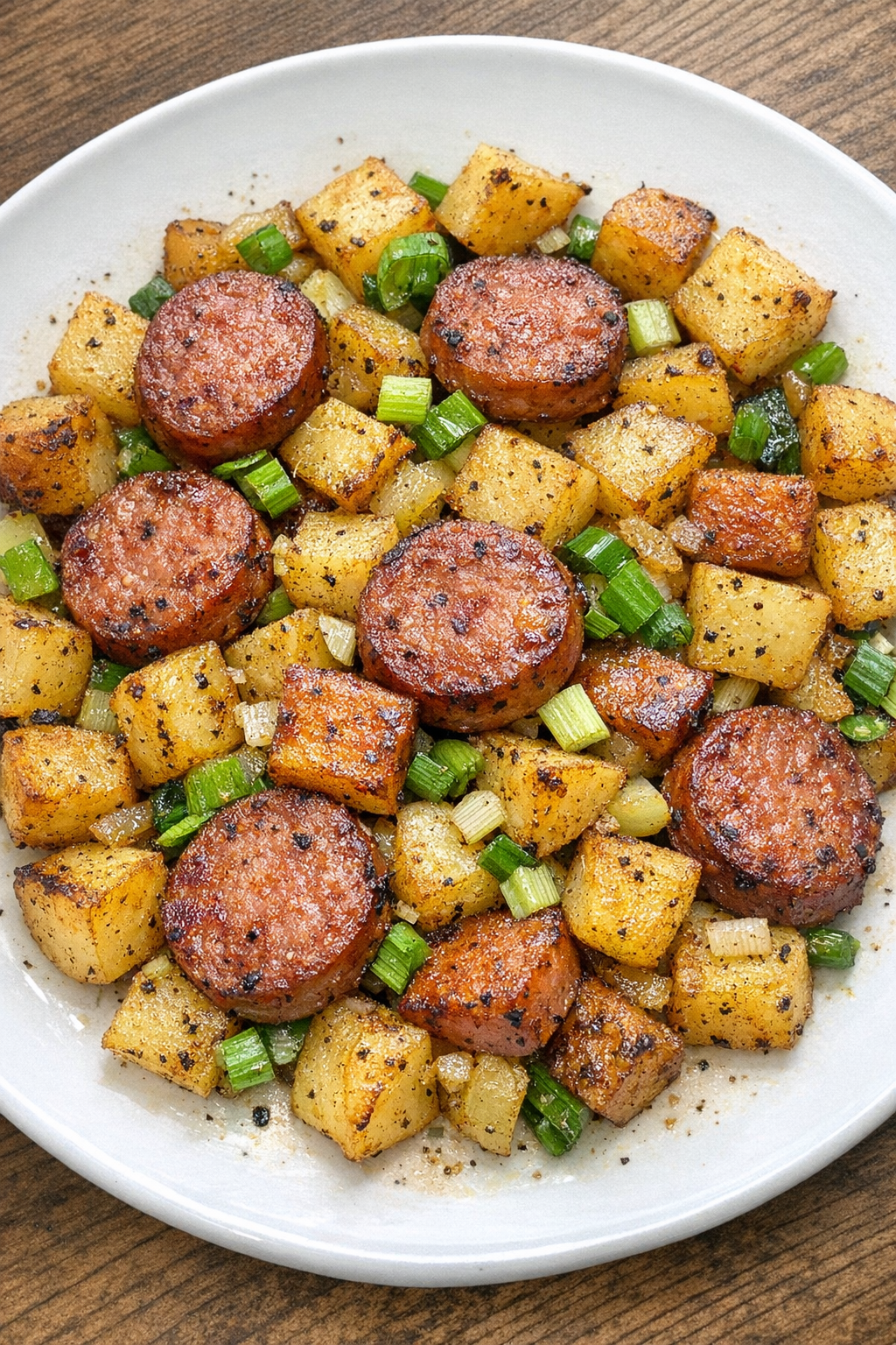 4-ingredient sausage potato skillet on a white plate