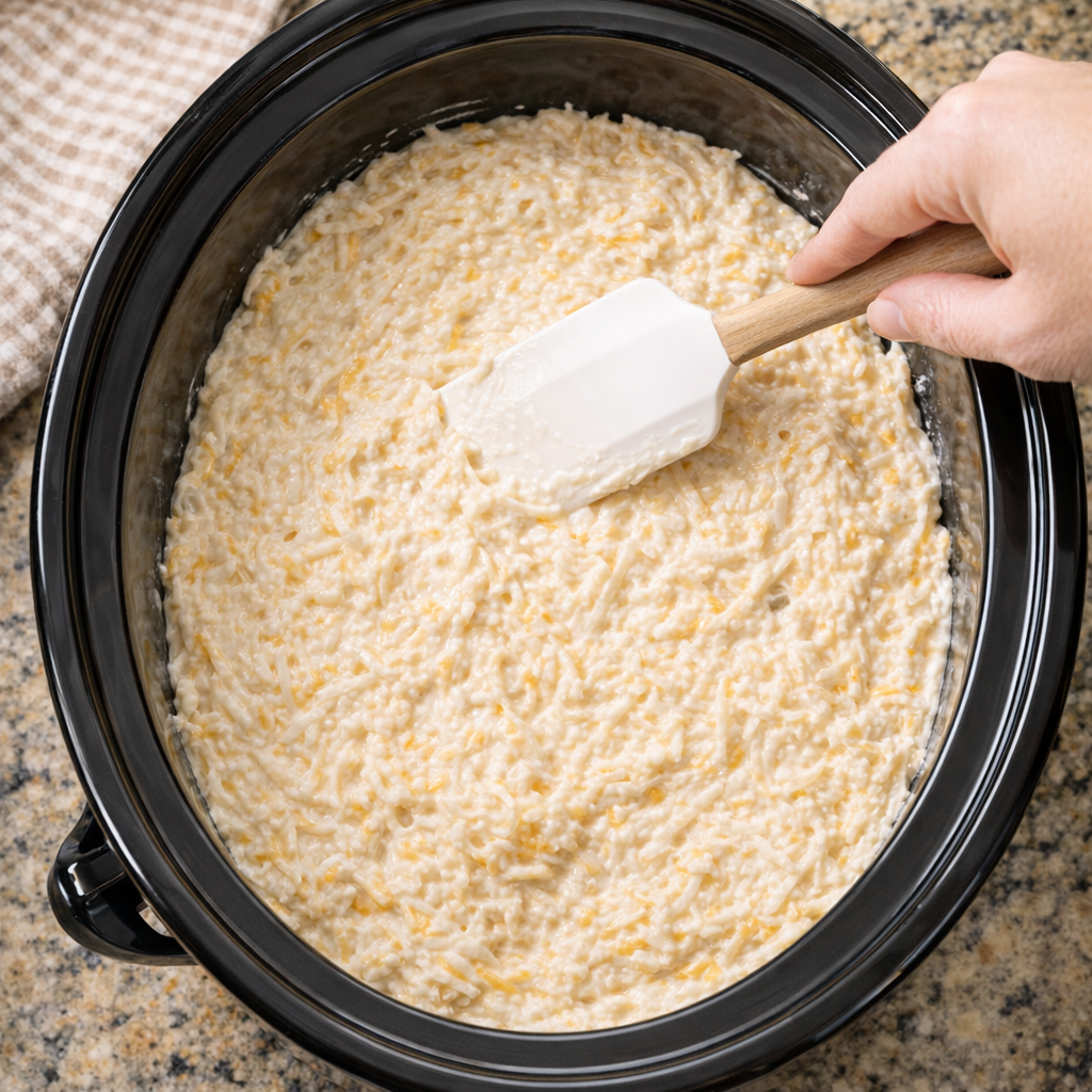 Cheesy potato mixture spread into a slow cooker insert