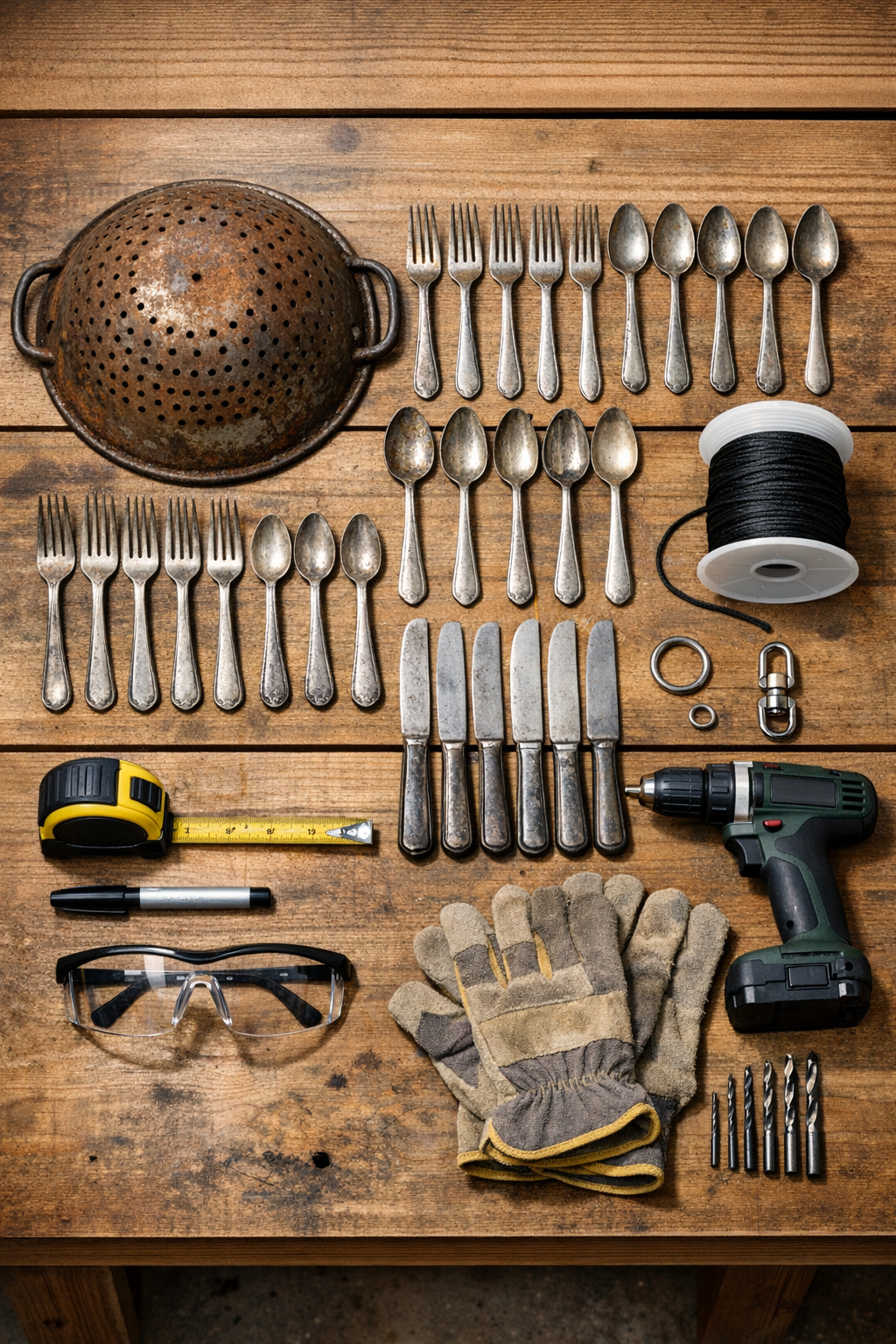 Materials for a silverware wind chime laid out on a work surface