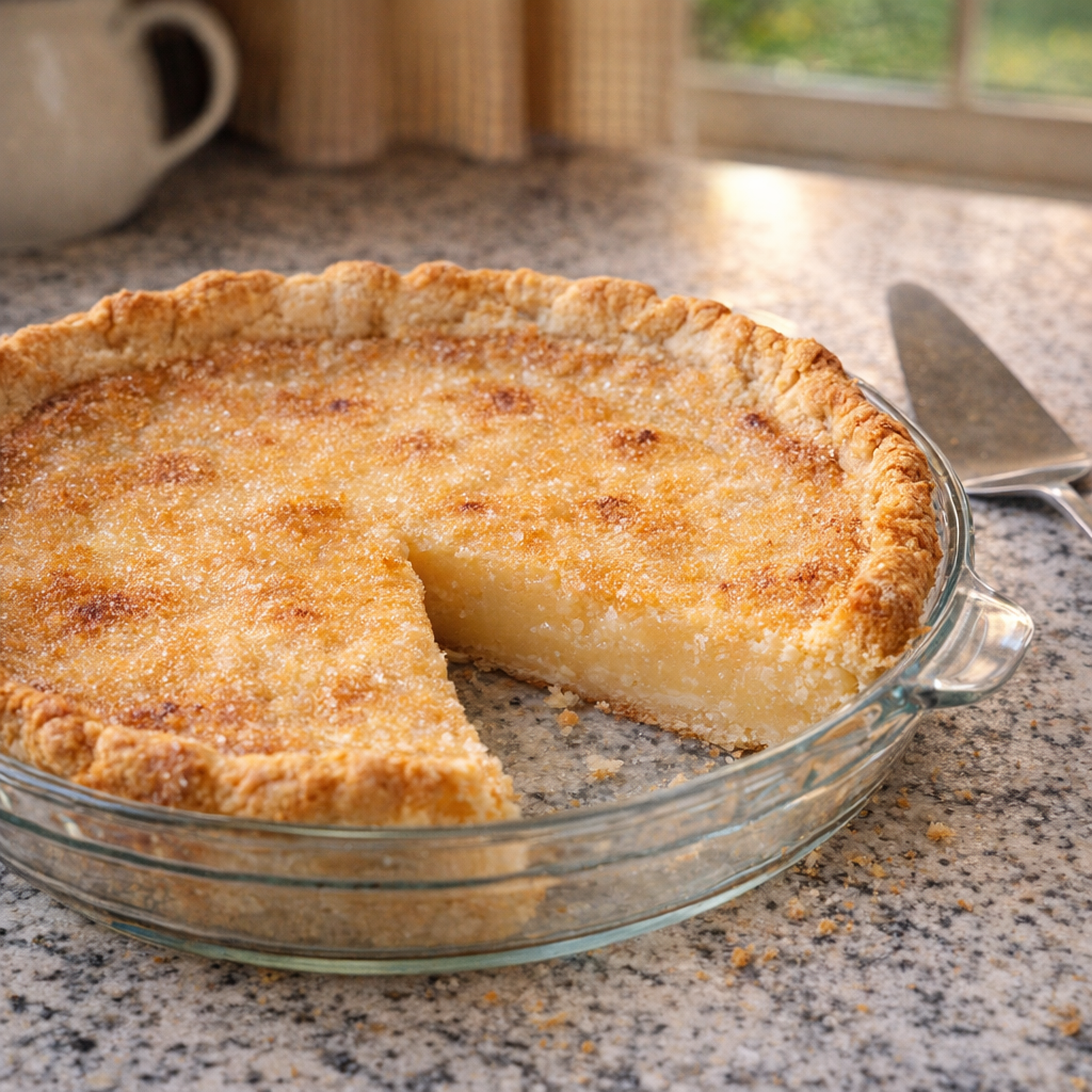 Cooled water pie sliced on a speckled kitchen counter