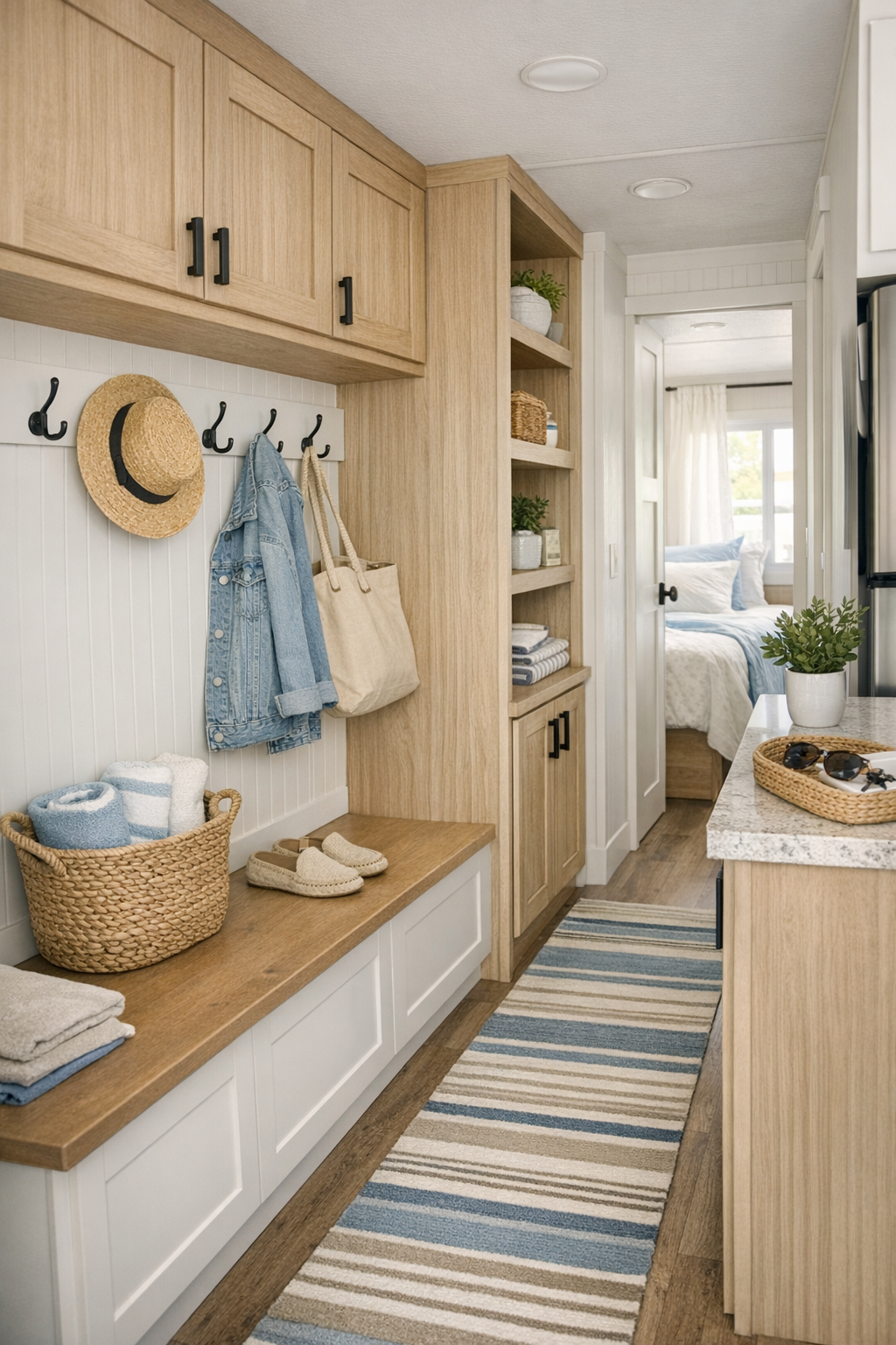 Thoughtful RV hallway and storage area with built-ins, hooks, and coastal details