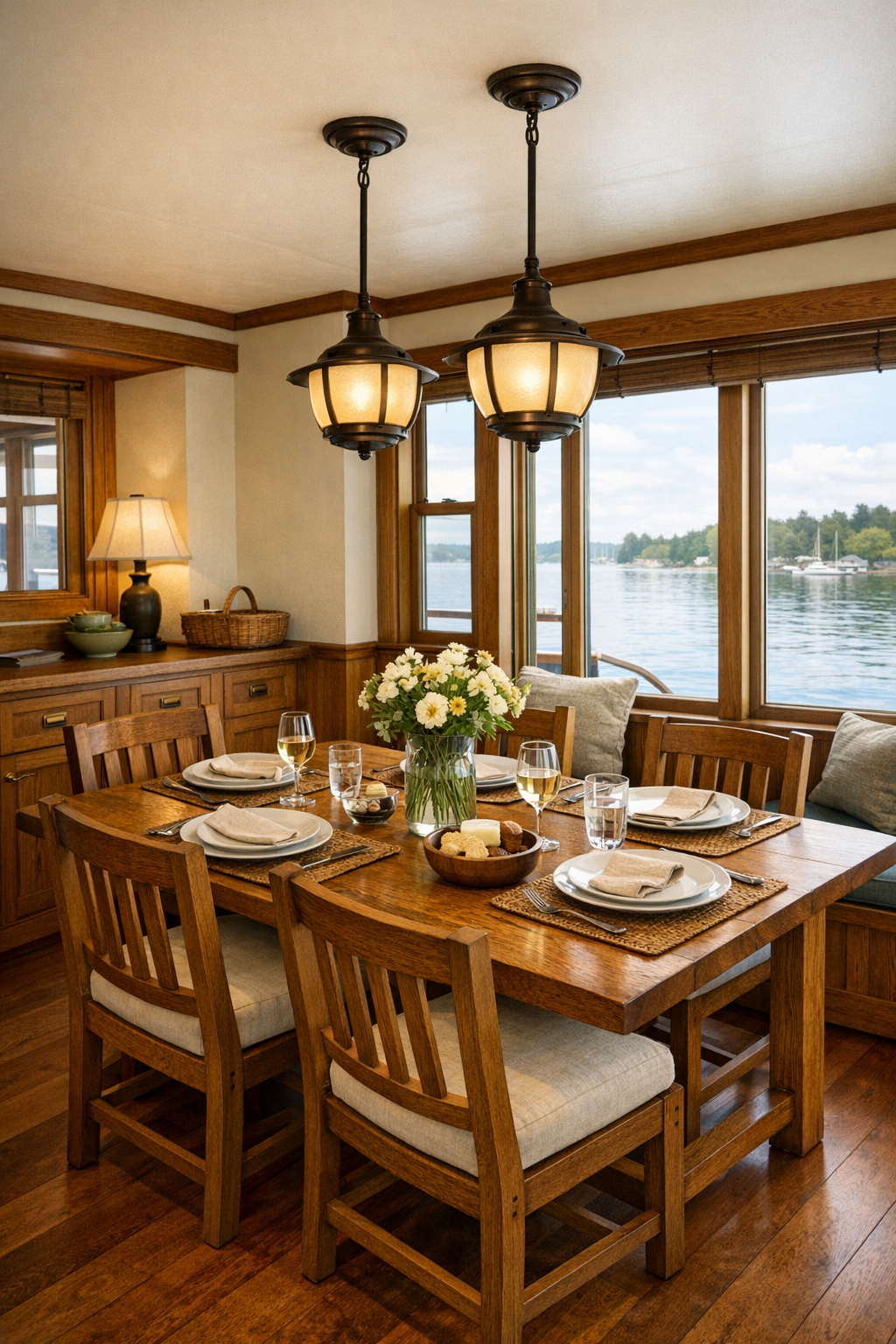Craftsman dining room on a houseboat with oak table and built-in sideboard