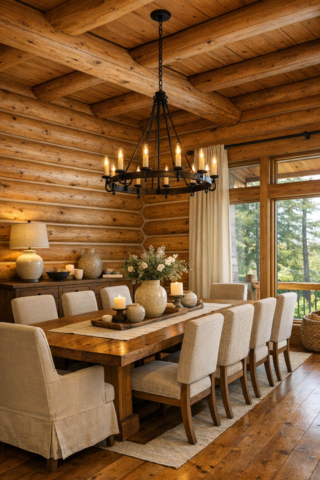 Rustic dining room with a long wood table, soft upholstered chairs, and warm iron chandelier