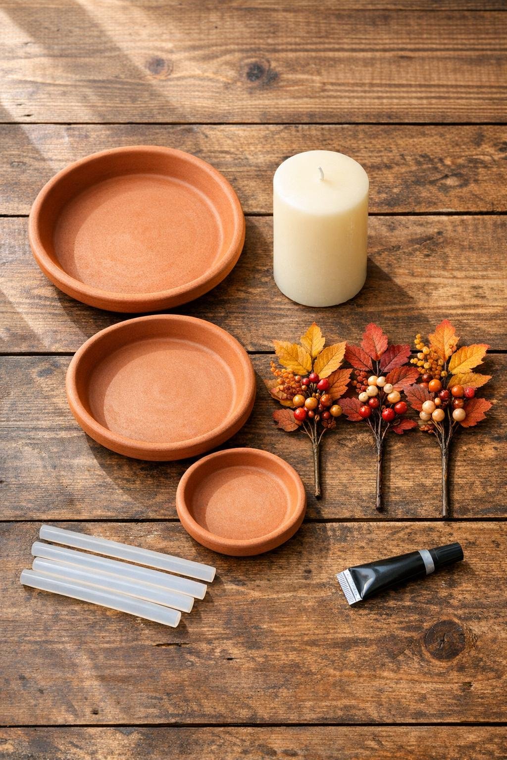 Clay saucers, candle, and faux fall picks laid out for the centerpiece