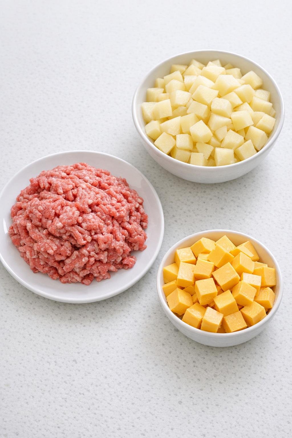 Ground beef, diced potatoes, and Velveeta on a kitchen counter